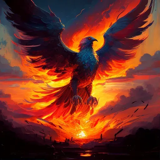 Image of phoenix rising from ashes against fiery sunset - Image 1