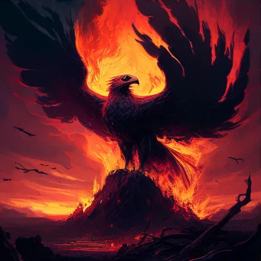 Image of phoenix rising from ashes against fiery sunset - Image 3