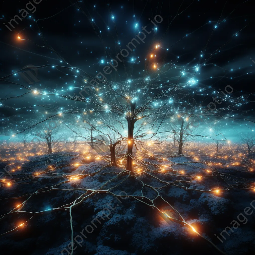 Glowing nodes of a neural network in an abstract digital landscape - Image 1