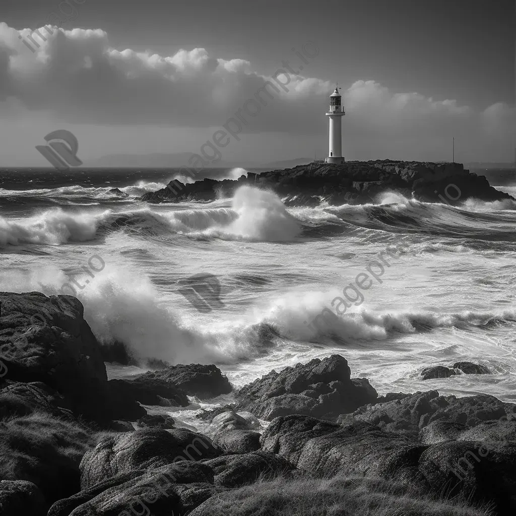 Black and white old lighthouse on rocky coast with crashing waves - Image 1