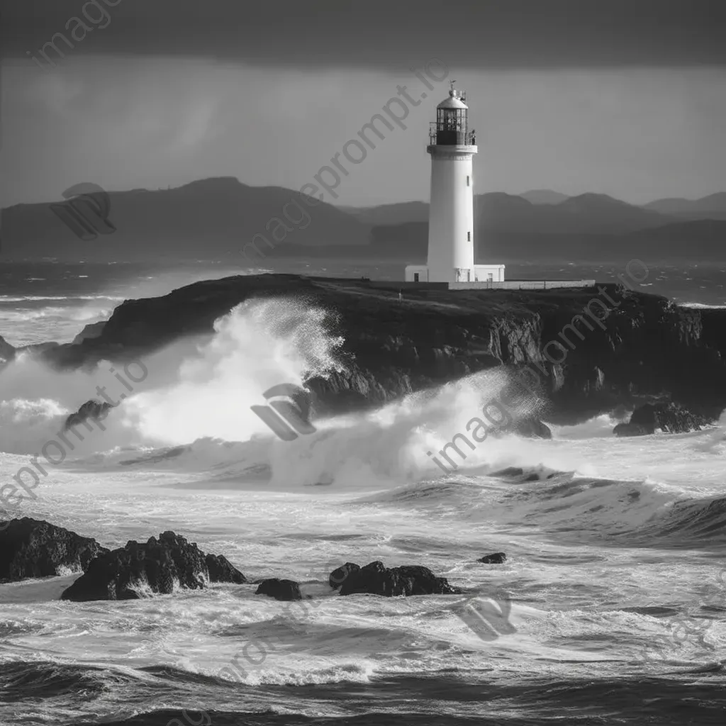 Black and white old lighthouse on rocky coast with crashing waves - Image 2