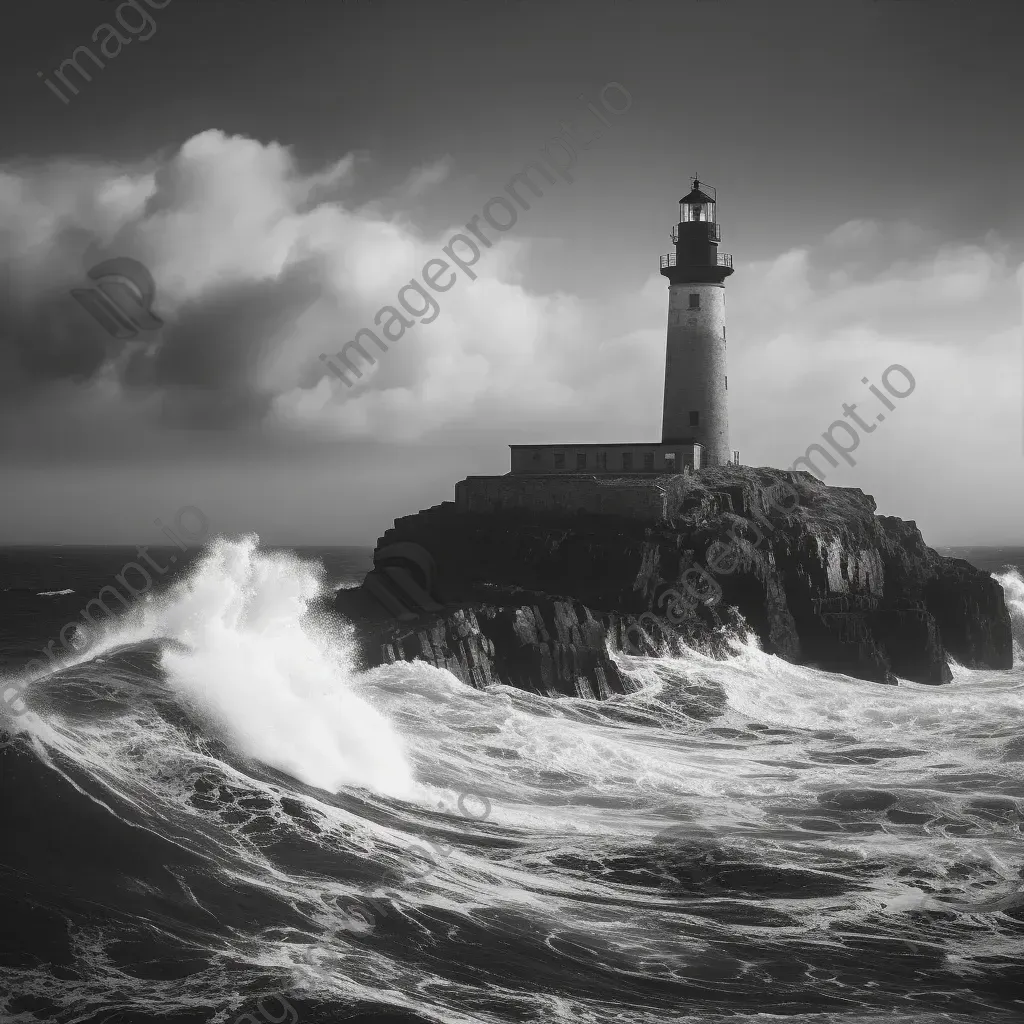 Black and white old lighthouse on rocky coast with crashing waves - Image 3