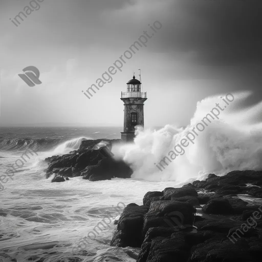 Black and white old lighthouse on rocky coast with crashing waves - Image 4