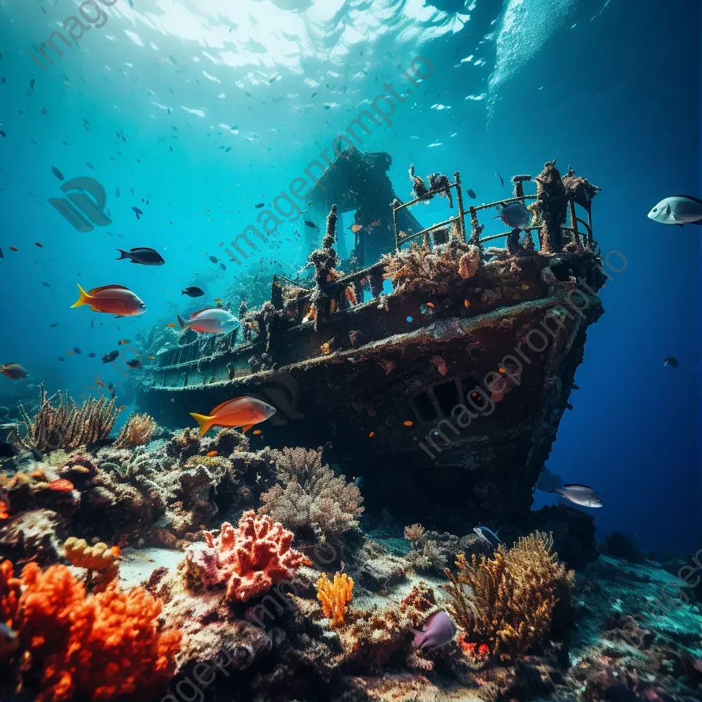 Ancient shipwreck with coral reef and fish underwater - Image 1