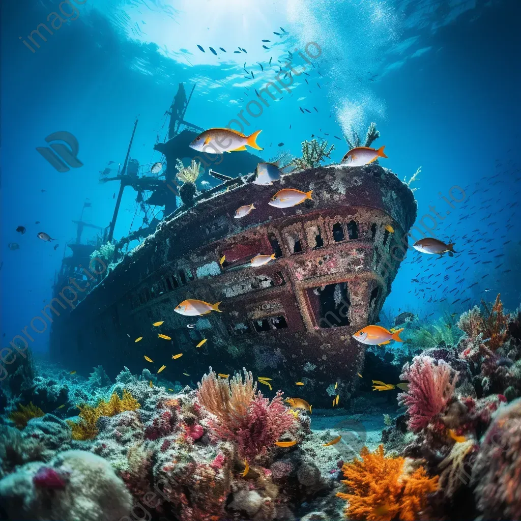 Ancient shipwreck with coral reef and fish underwater - Image 2