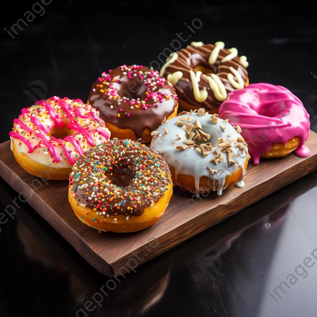 Variety of gourmet donuts on slate board - Image 1