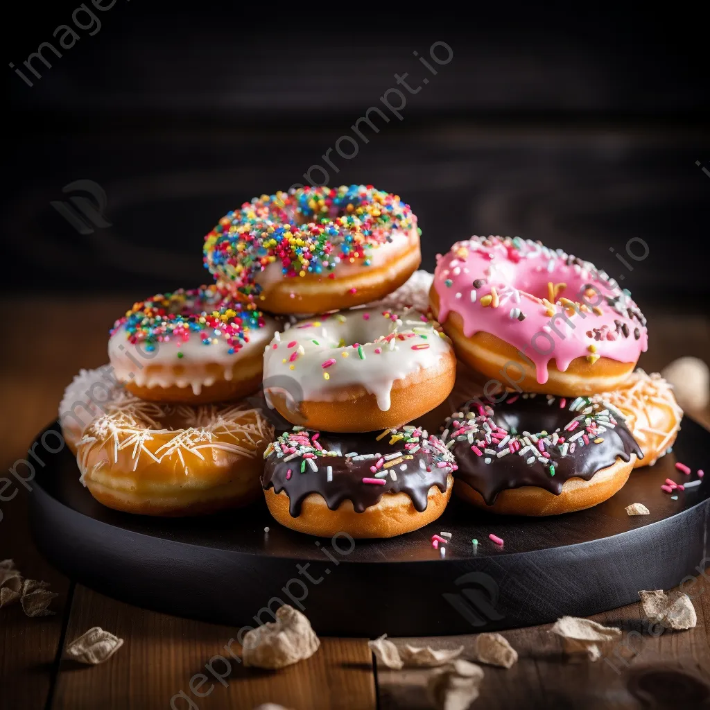 Variety of gourmet donuts on slate board - Image 2