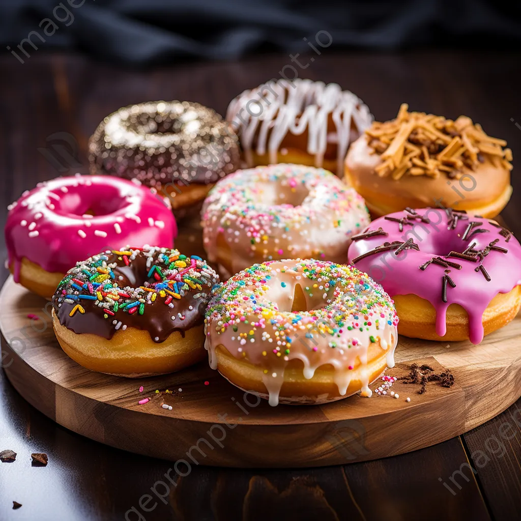 Variety of gourmet donuts on slate board - Image 3