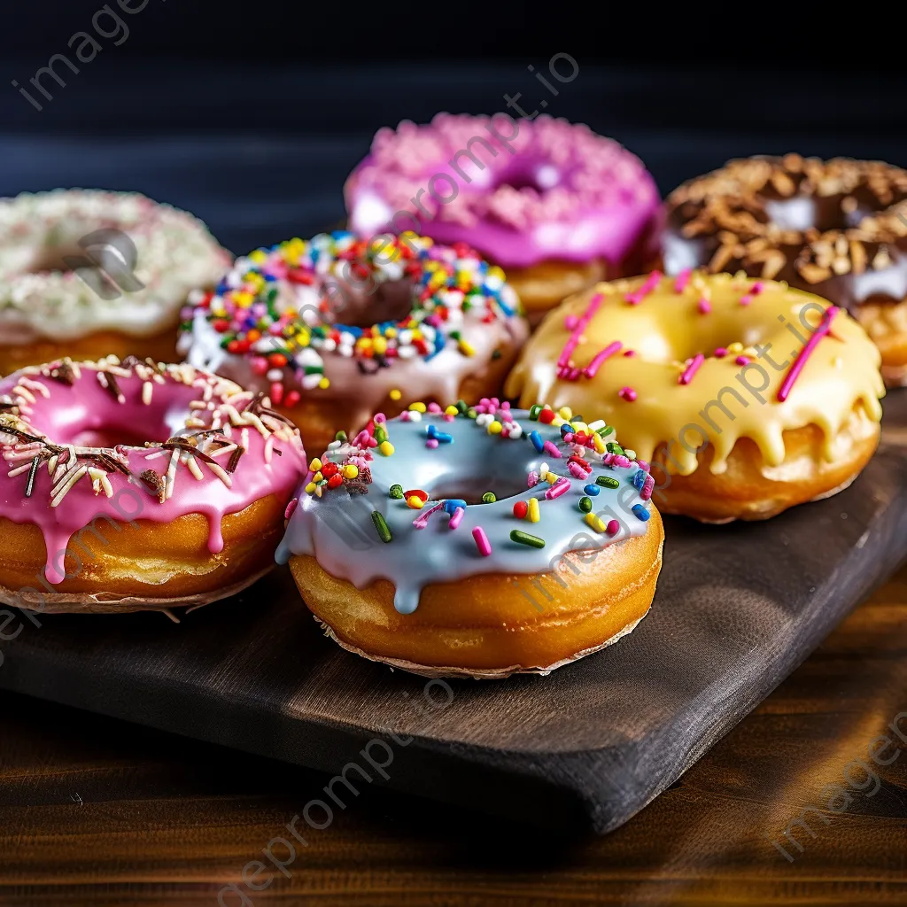 Variety of gourmet donuts on slate board - Image 4