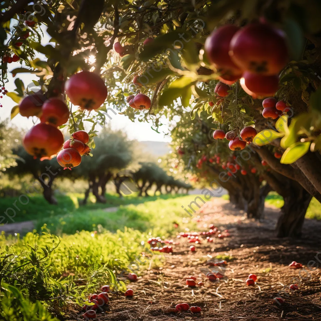 Ripe pomegranates shining in a summer orchard - Image 1