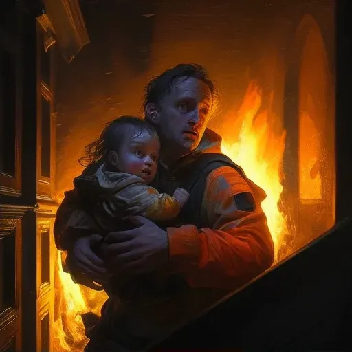 Firefighter saving child from fire in image prompt - Image 2