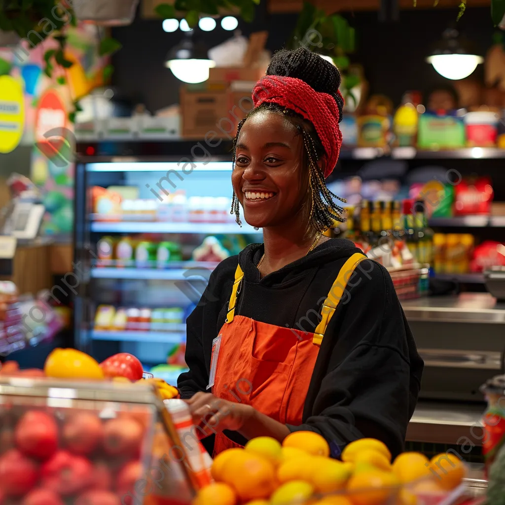 Grocery cashier processing purchases with colorful items on the counter. - Image 1