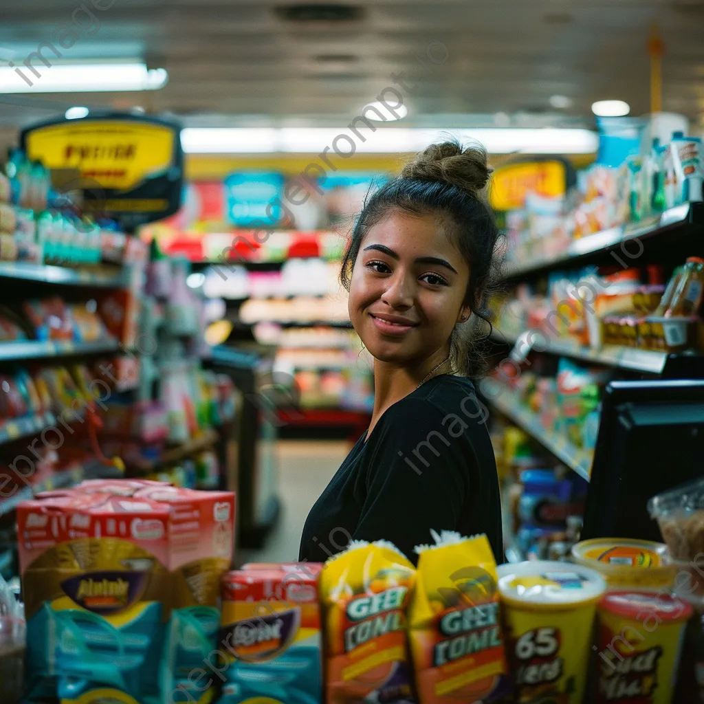 Grocery cashier processing purchases with colorful items on the counter. - Image 2