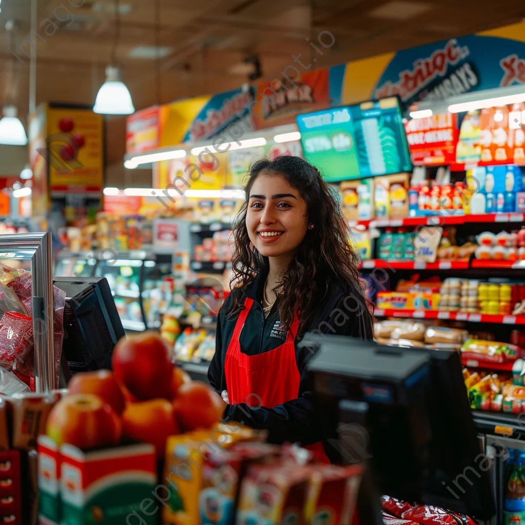 Grocery cashier processing purchases with colorful items on the counter. - Image 3