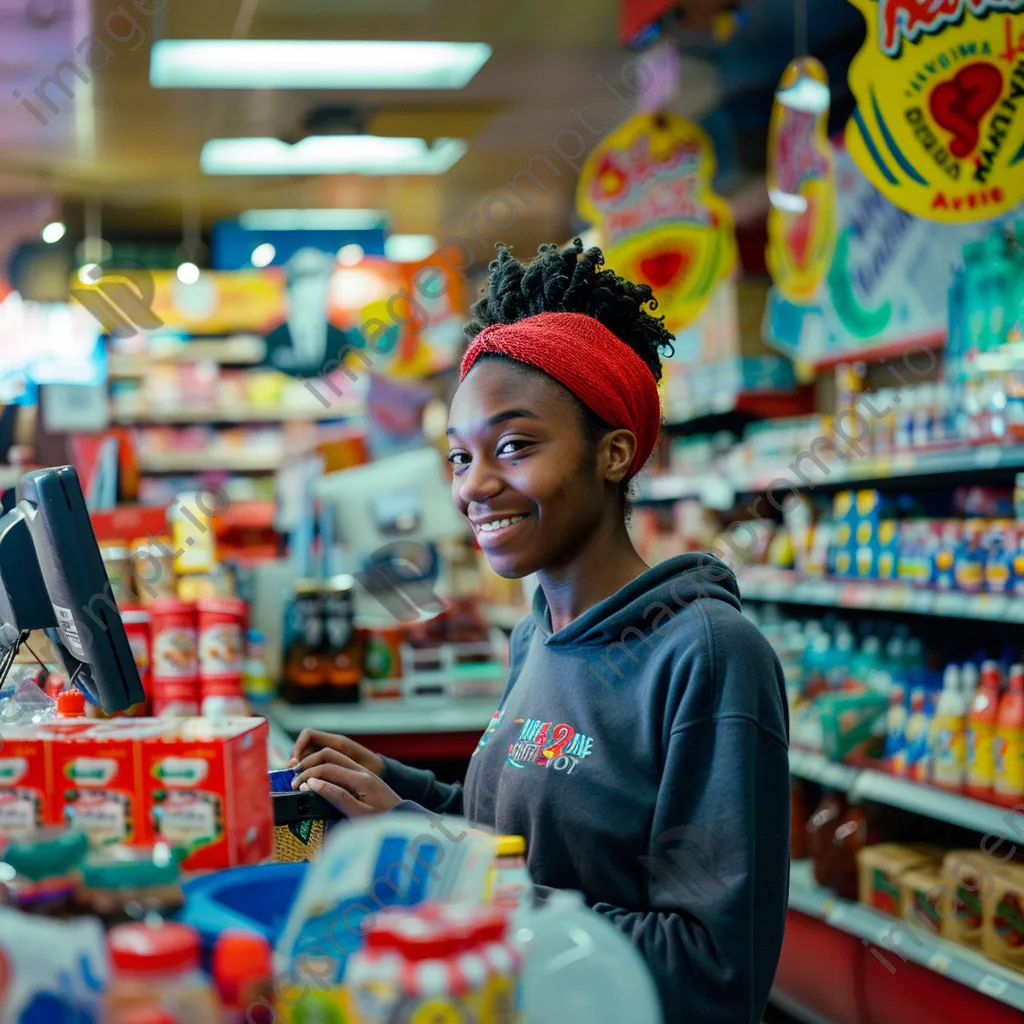 Grocery cashier processing purchases with colorful items on the counter. - Image 4