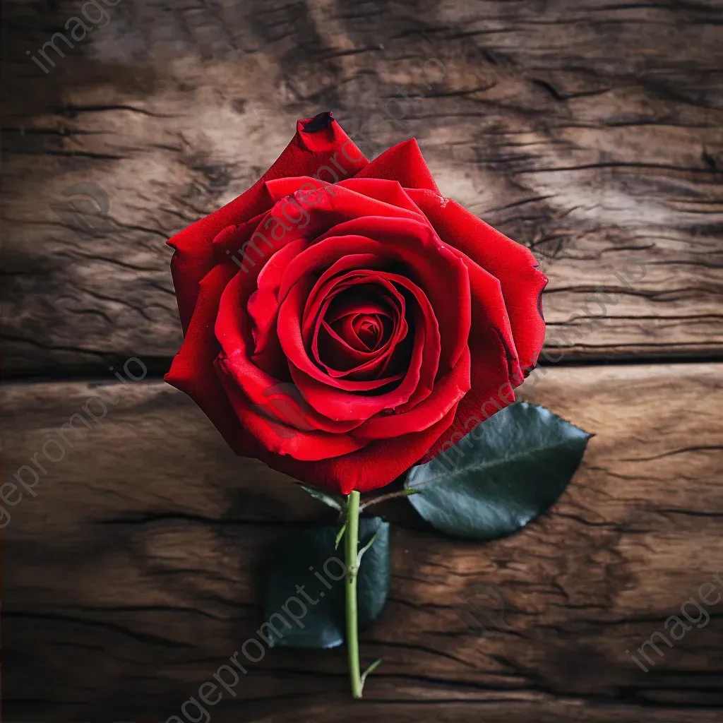 Single red rose placed at the center of a rustic wooden table - Image 2