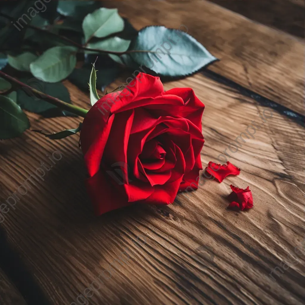 Single red rose placed at the center of a rustic wooden table - Image 3