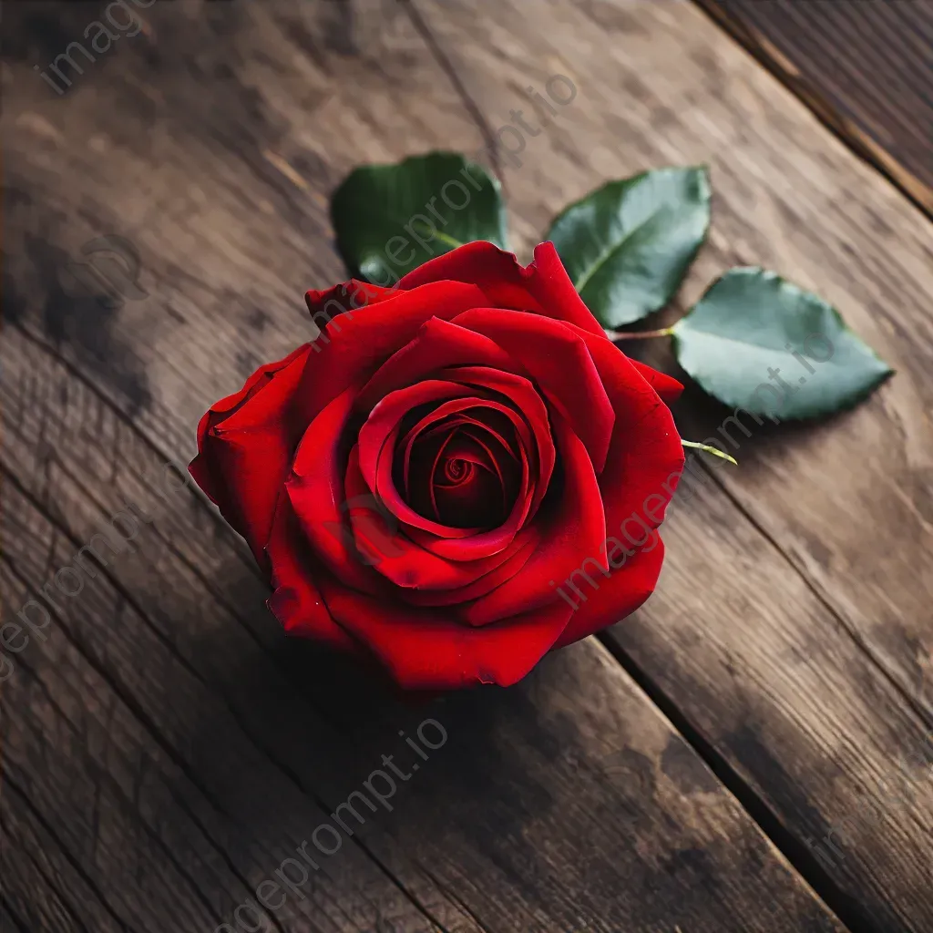 Single red rose placed at the center of a rustic wooden table - Image 4