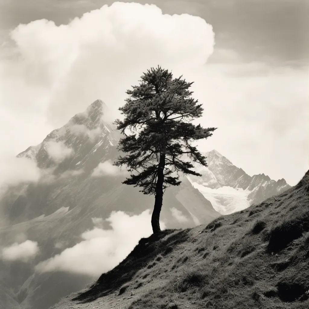 Serenity of a mountain peak with a lone pine tree - Image 1