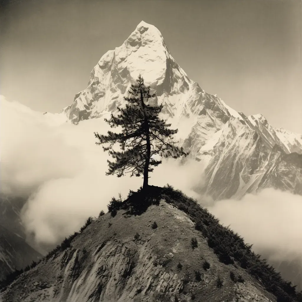 Serenity of a mountain peak with a lone pine tree - Image 2