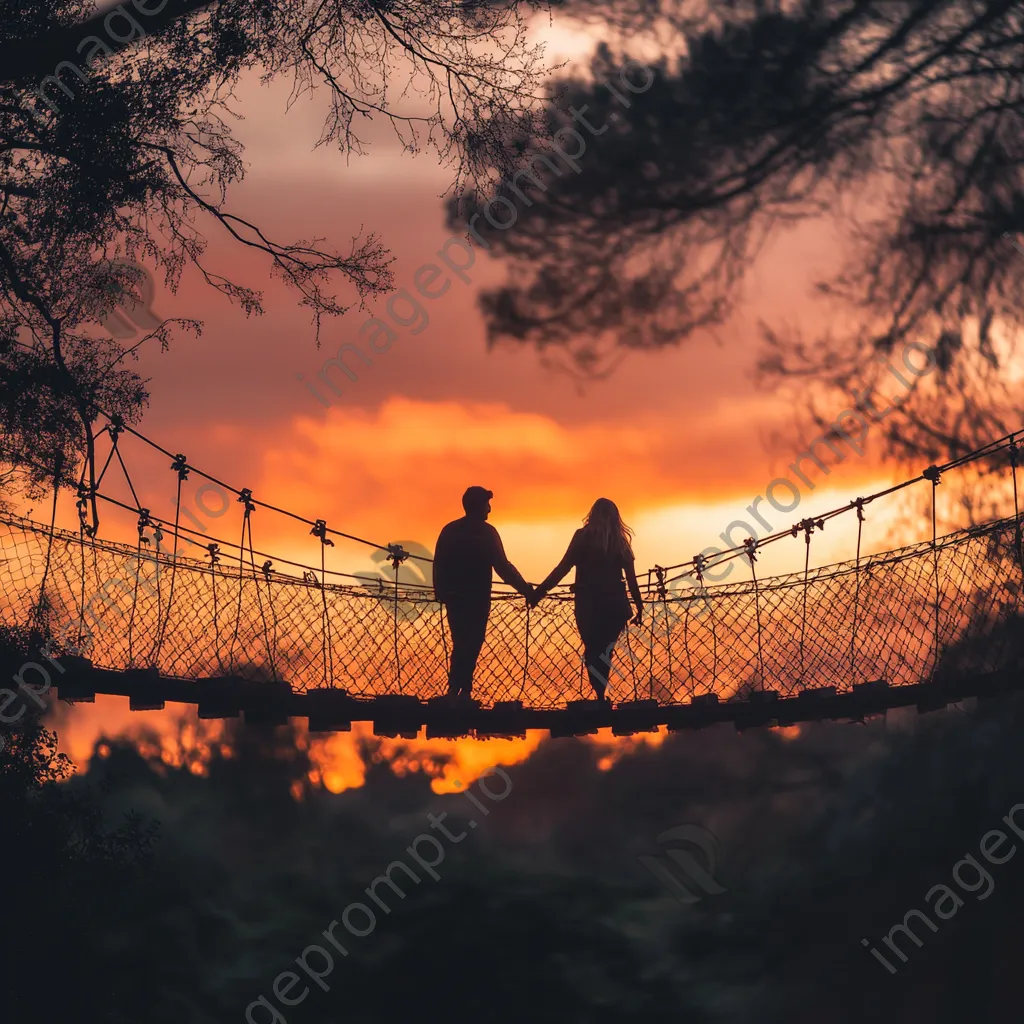 Couple on a rope bridge during sunset - Image 1