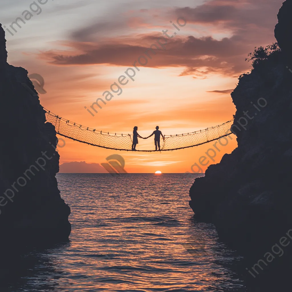 Couple on a rope bridge during sunset - Image 2