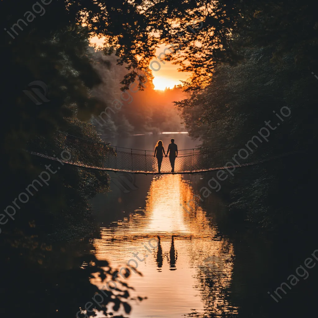 Couple on a rope bridge during sunset - Image 4