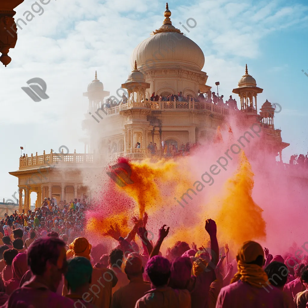 Participants celebrating Holi by throwing colored powders at each other. - Image 1