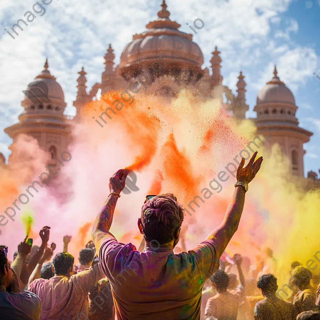 Participants celebrating Holi by throwing colored powders at each other. - Image 3