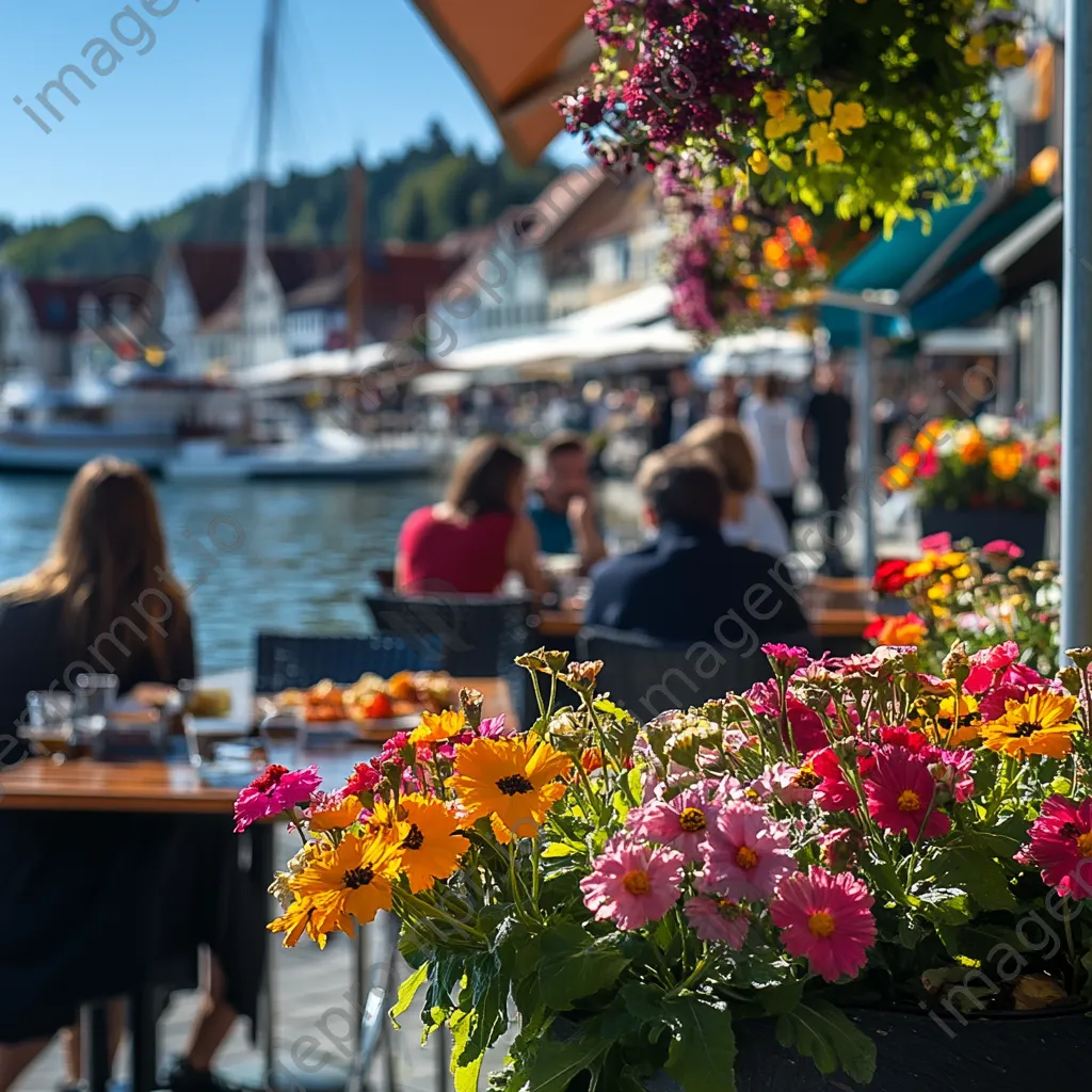 Patrons dining at a seaside café with a view of the harbor and flowers. - Image 1