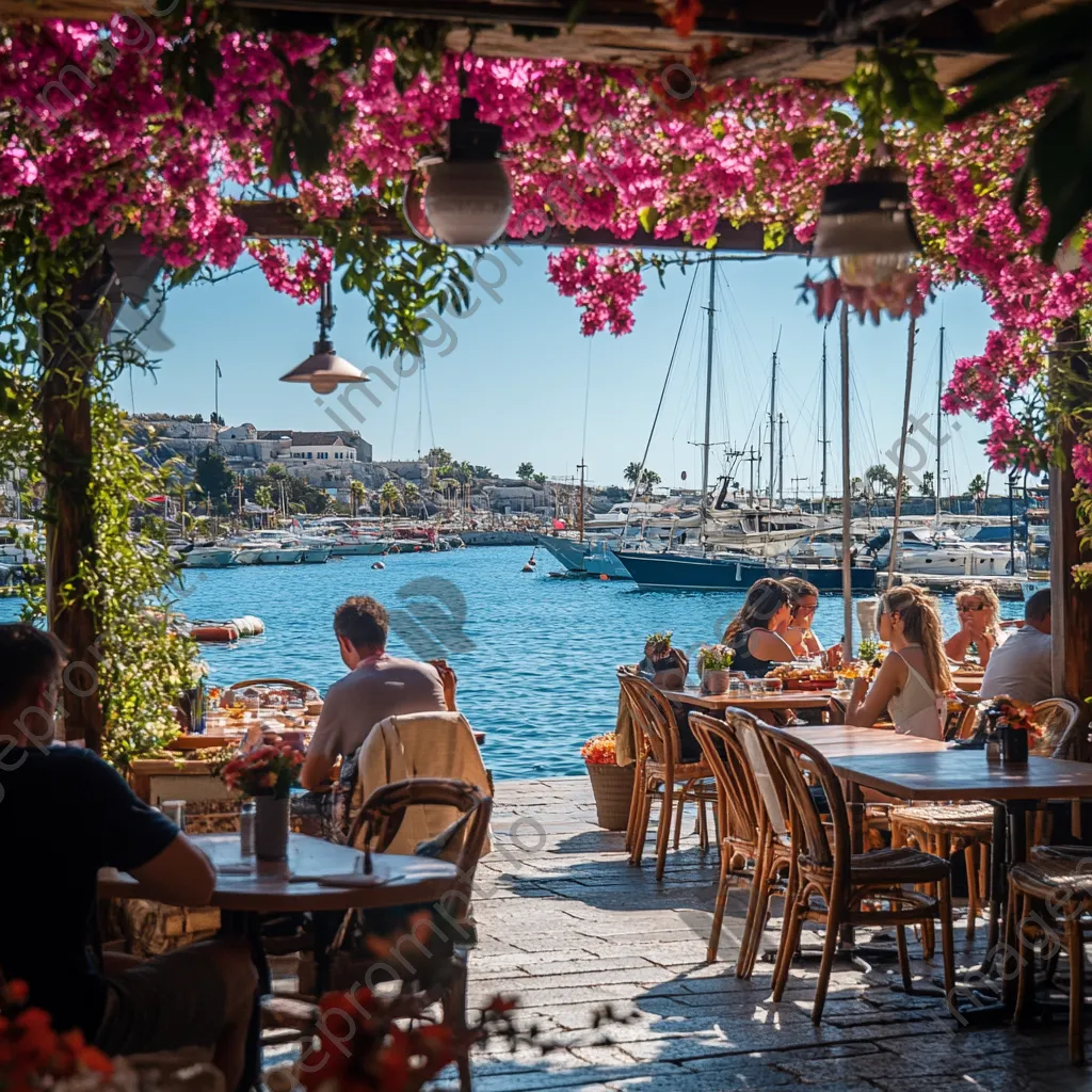 Patrons dining at a seaside café with a view of the harbor and flowers. - Image 2