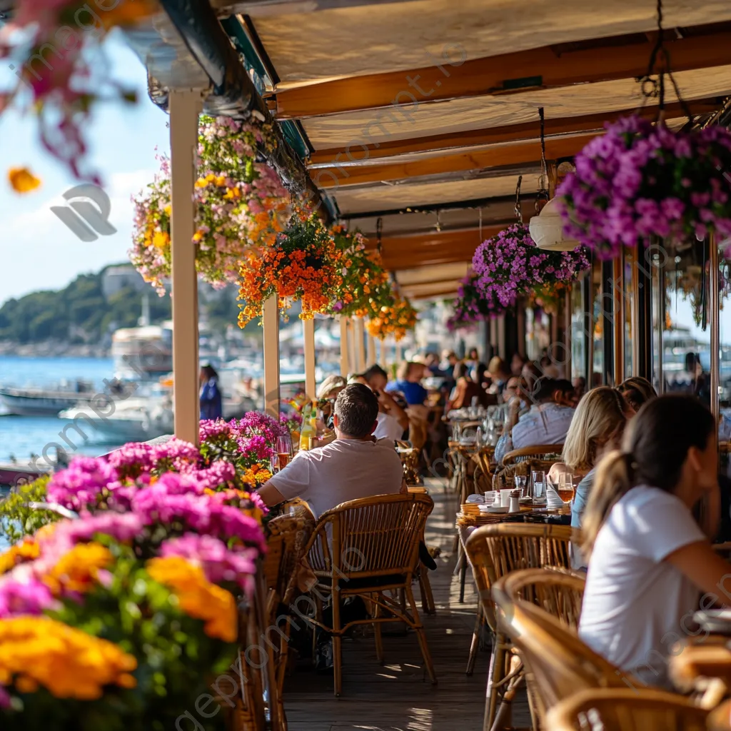 Patrons dining at a seaside café with a view of the harbor and flowers. - Image 3