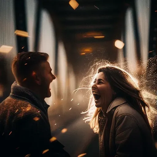 Image of a surprise proposal on a city bridge with twinkling lights - Image 1