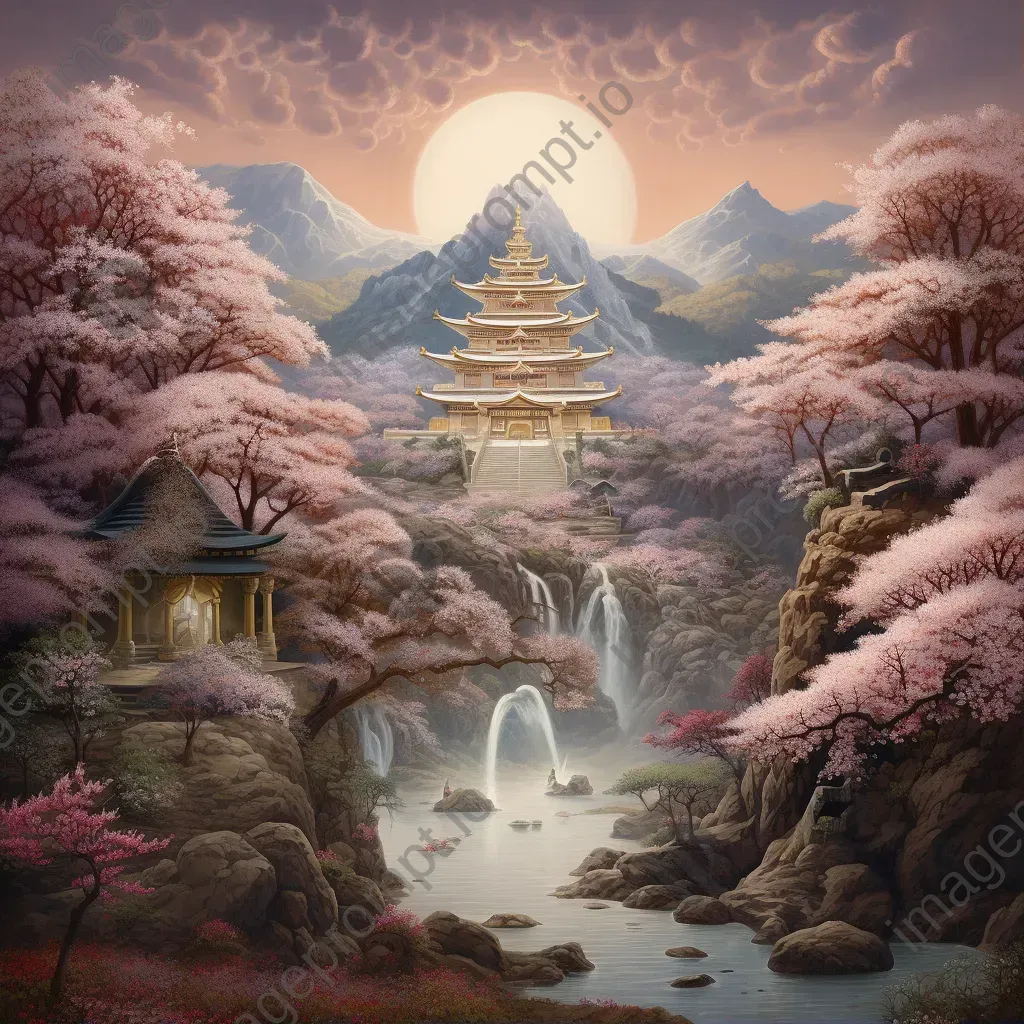 Pastel art of a sacred temple nestled in a valley filled with blossoms - Image 1