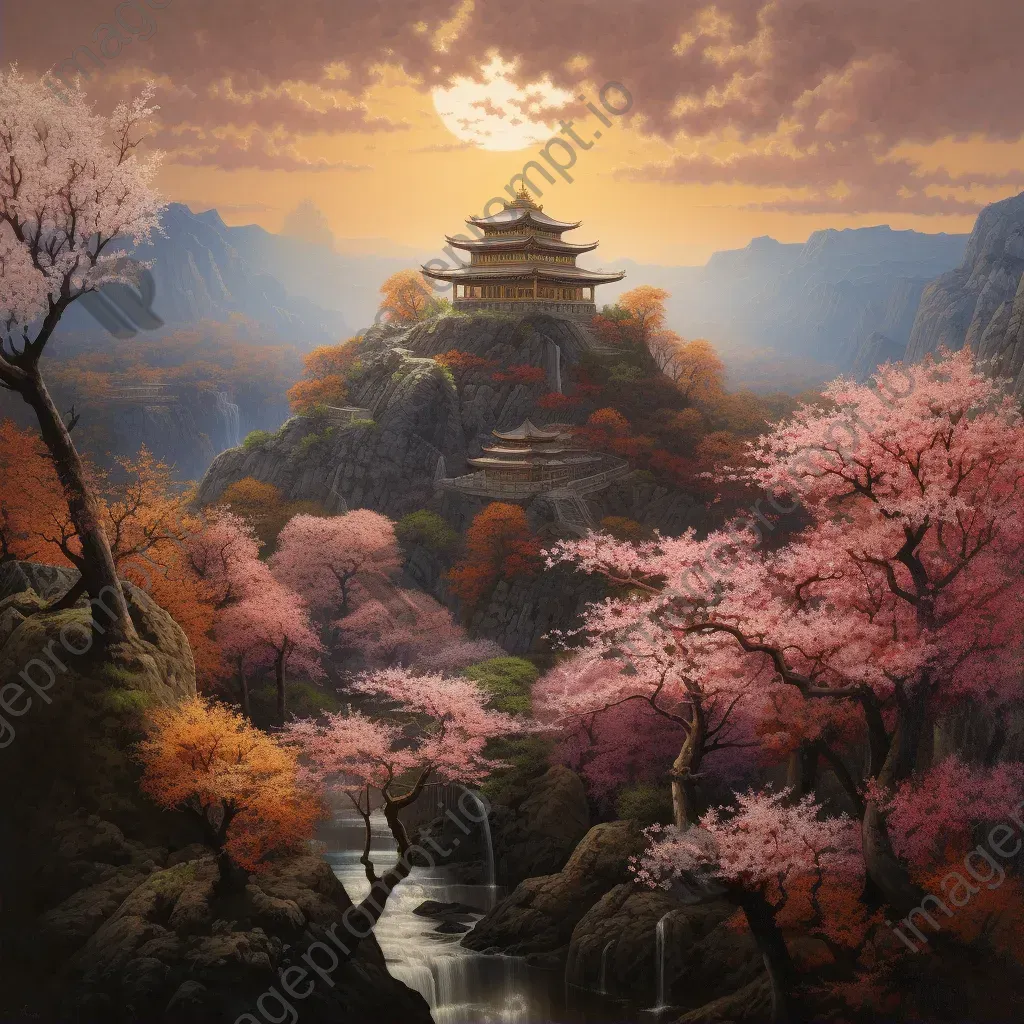 Pastel art of a sacred temple nestled in a valley filled with blossoms - Image 2