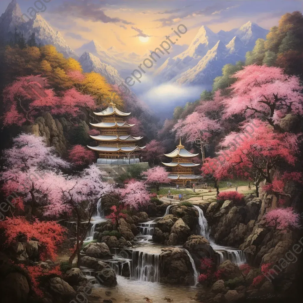 Pastel art of a sacred temple nestled in a valley filled with blossoms - Image 3