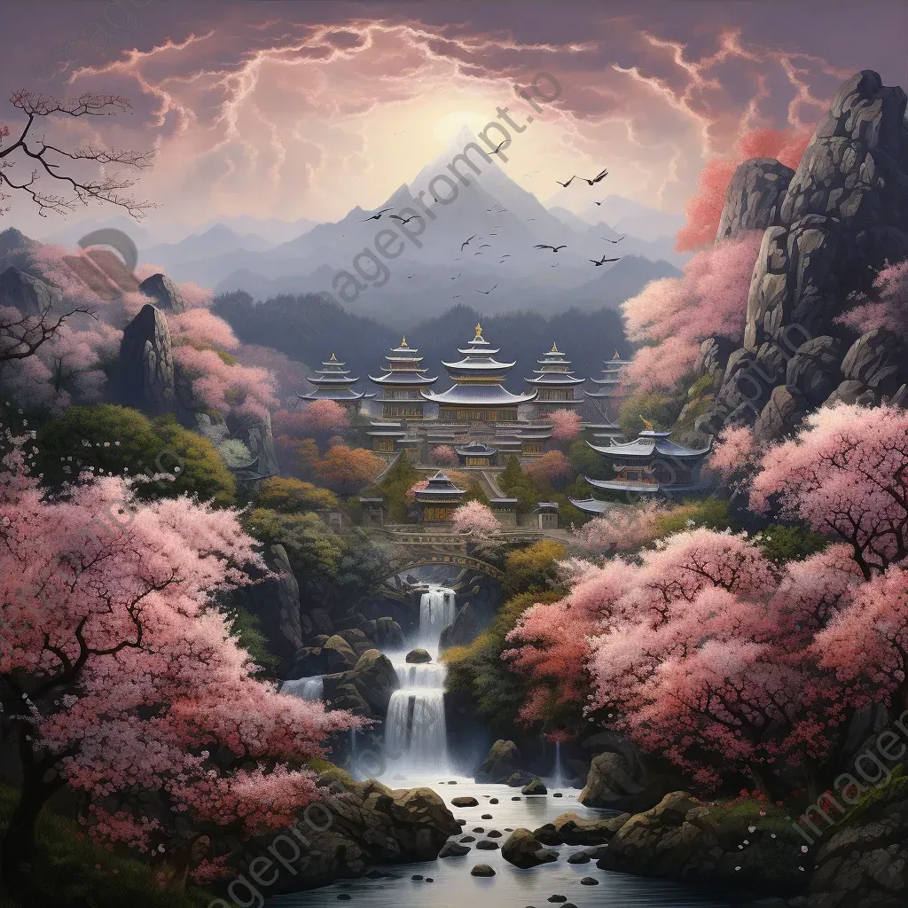 Pastel art of a sacred temple nestled in a valley filled with blossoms - Image 4