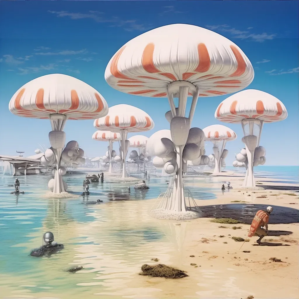 Image of a retro-futuristic beach scene with floating parasols and submarine-like sea creatures - Image 1