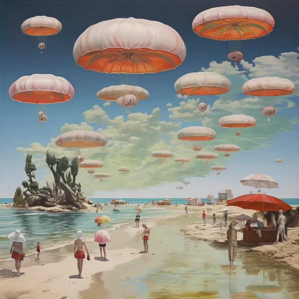 Retro-Futuristic Beach Scene with Floating Parasols and Submarine-Like Sea Creatures