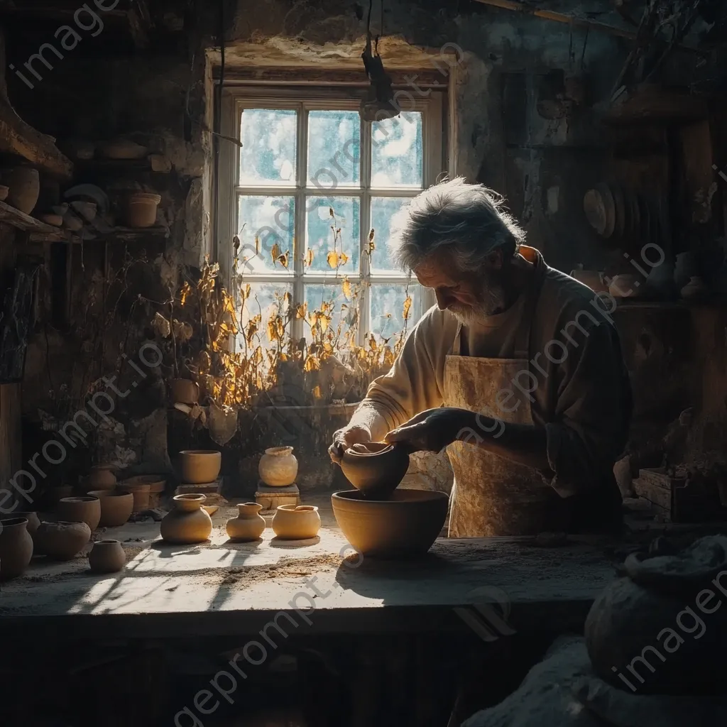 Artisan shaping a clay pot with drying pieces around - Image 1