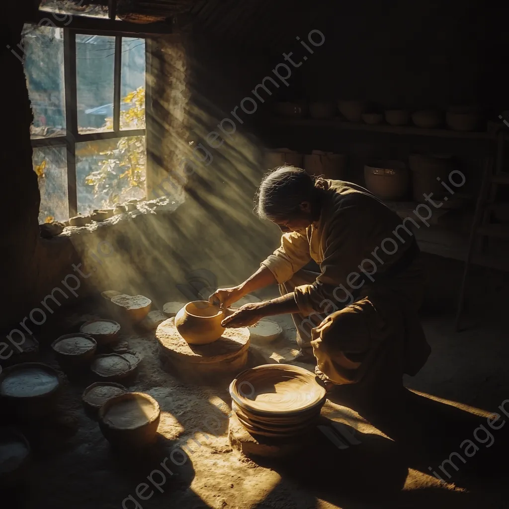 Artisan shaping a clay pot with drying pieces around - Image 2