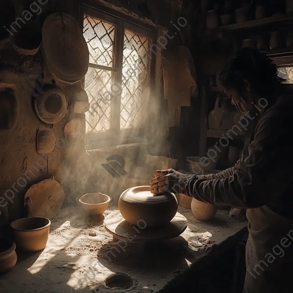 Artisan shaping a clay pot with drying pieces around - Image 3