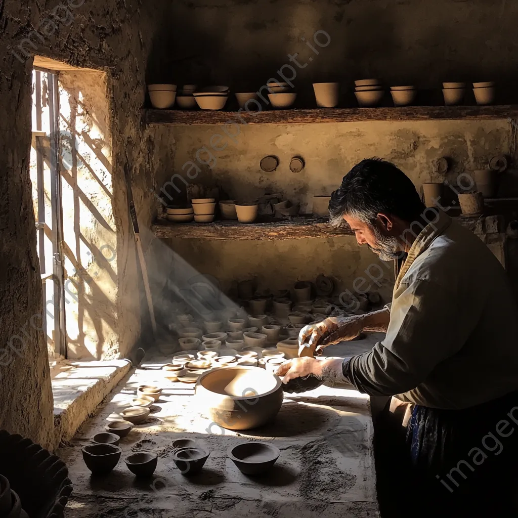 Artisan shaping a clay pot with drying pieces around - Image 4