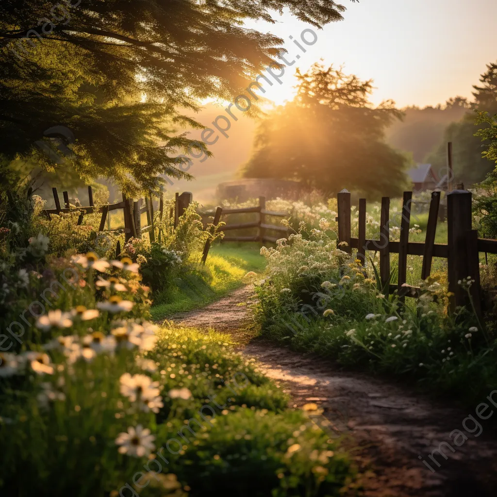 Traditional herb garden with winding paths and wildflowers in morning light - Image 2