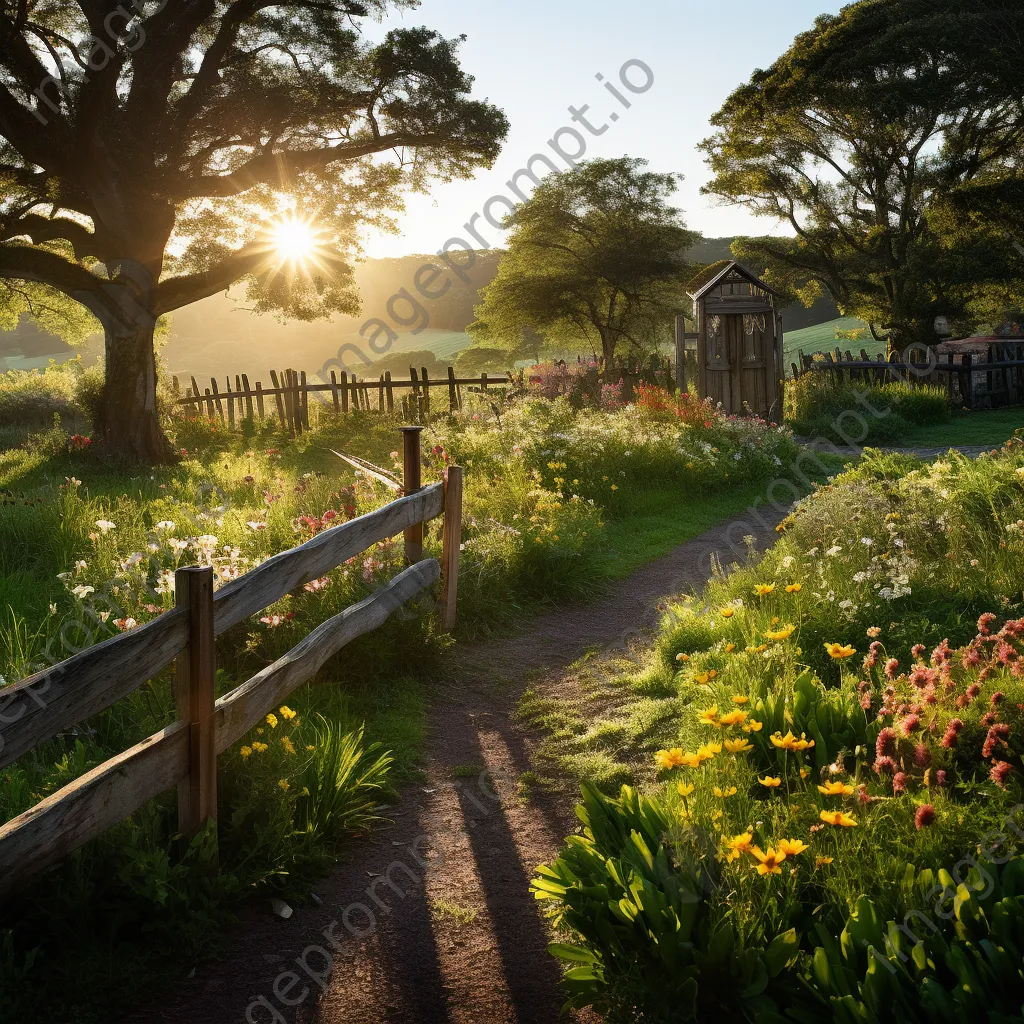 Traditional herb garden with winding paths and wildflowers in morning light - Image 3