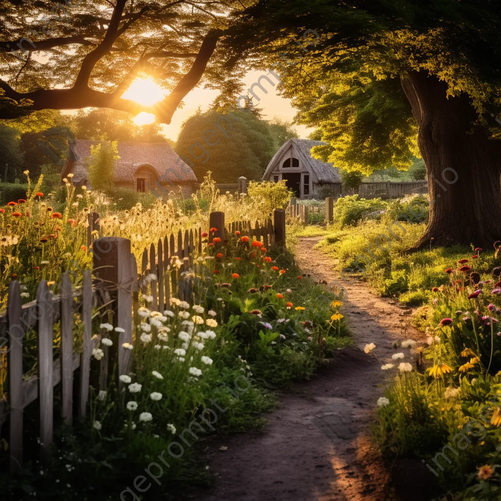 Traditional herb garden with winding paths and wildflowers in morning light - Image 4