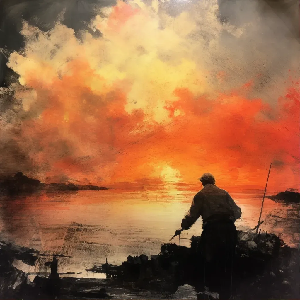 Image of a man painting a colorful sunset scene - Image 1