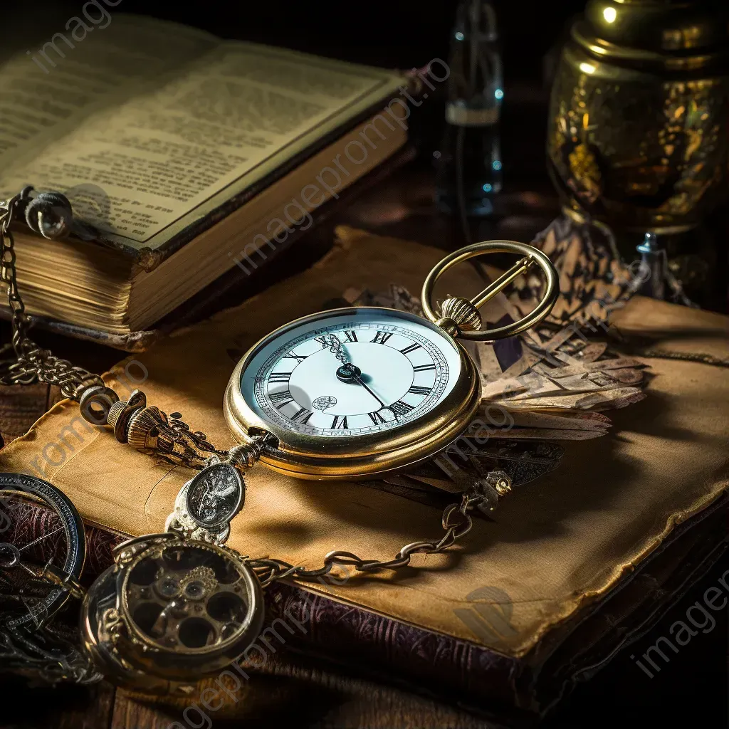 Antique pocket watch, vintage spectacles, and quill pen on a wooden table - Image 1