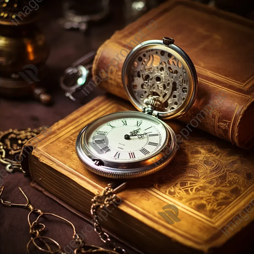 Antique pocket watch, vintage spectacles, and quill pen on a wooden table - Image 2