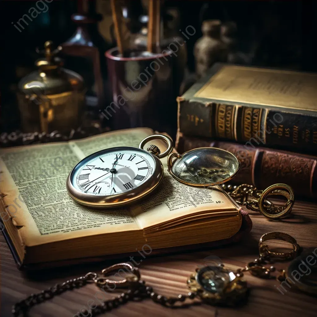 Antique pocket watch, vintage spectacles, and quill pen on a wooden table - Image 4